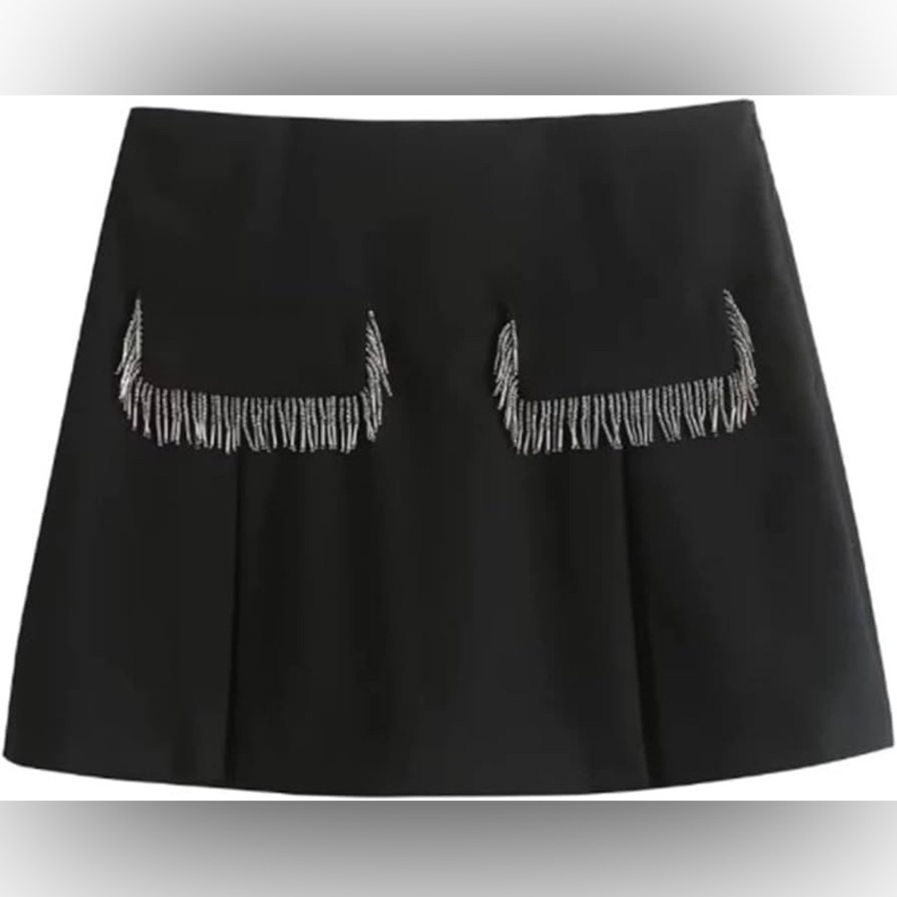 Zara black mini skirt with built in shorts / skort, tassel front pockets - Picture 5 of 8